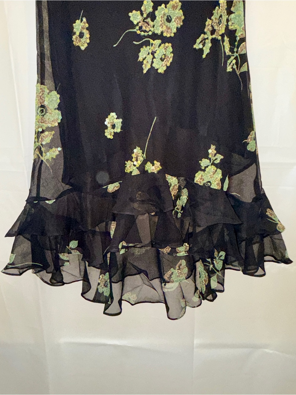 Asymmetrical Black Floral Ruffle-Hem Dress
